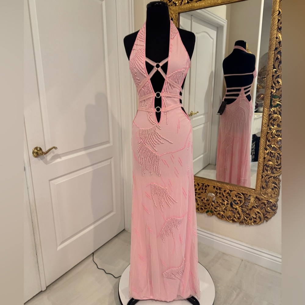 Elegant hand beaded Attitudes by Debra Pink Halter‎ Dress